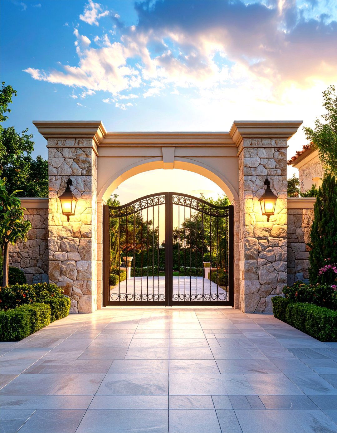 Stone Pillar Integrated Gates - 24 Driveway Gate Ideas