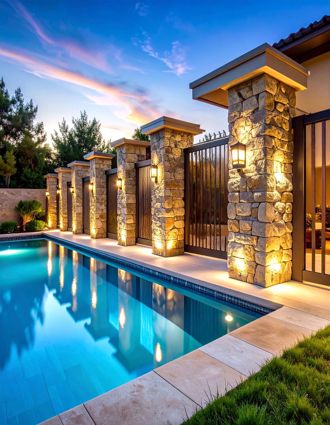 Stone Pillar Pool Fence with Metal Infill Panels - 24 Pool Fence Ideas