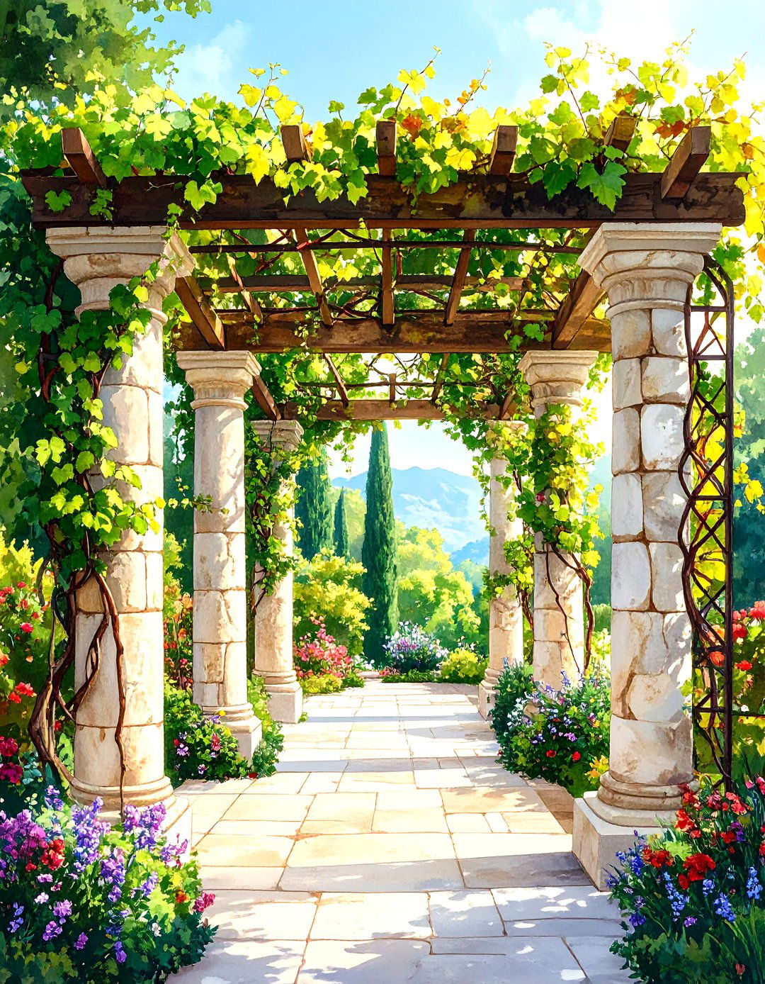 Stone Pillar Trellis with Iron Wire Framework - 24 Garden Trellis Ideas