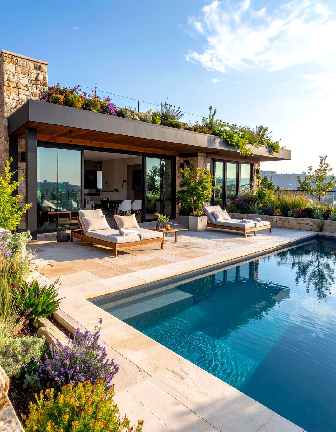 Stone Pool House with Rooftop Garden Terrace - 24 Rustic Pool House Ideas