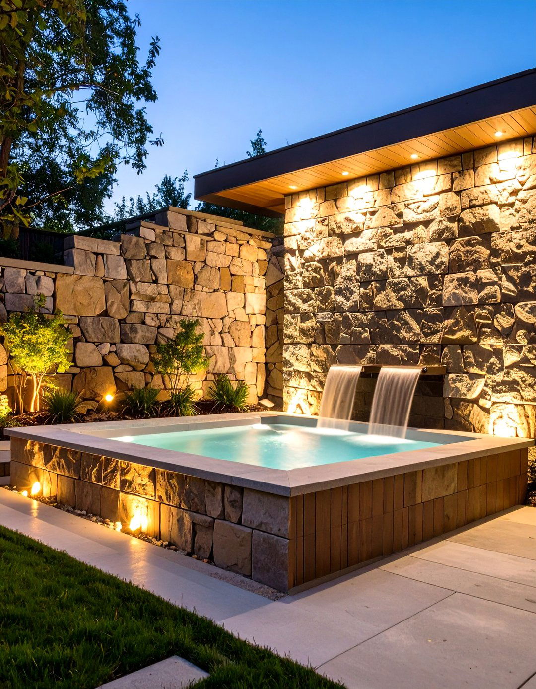 Stone Privacy Wall Feature - 24 Backyard Hot Tub Privacy Ideas