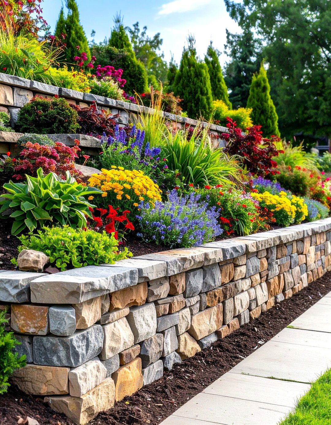 Stone Retaining Wall Features - 24 Driveway Landscape Ideas