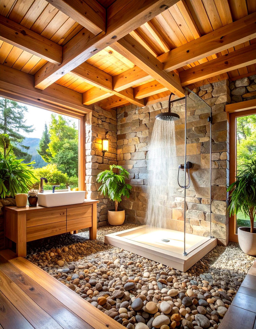 Stone Shower Enclosure with Wood Beam Ceiling - 24 Log Cabin Bathroom Ideas