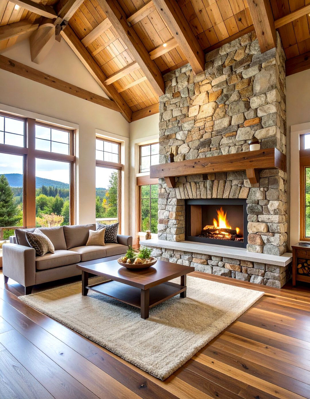 Stone Veneer Cabin Fireplace - 24 Cabin Fireplace Ideas