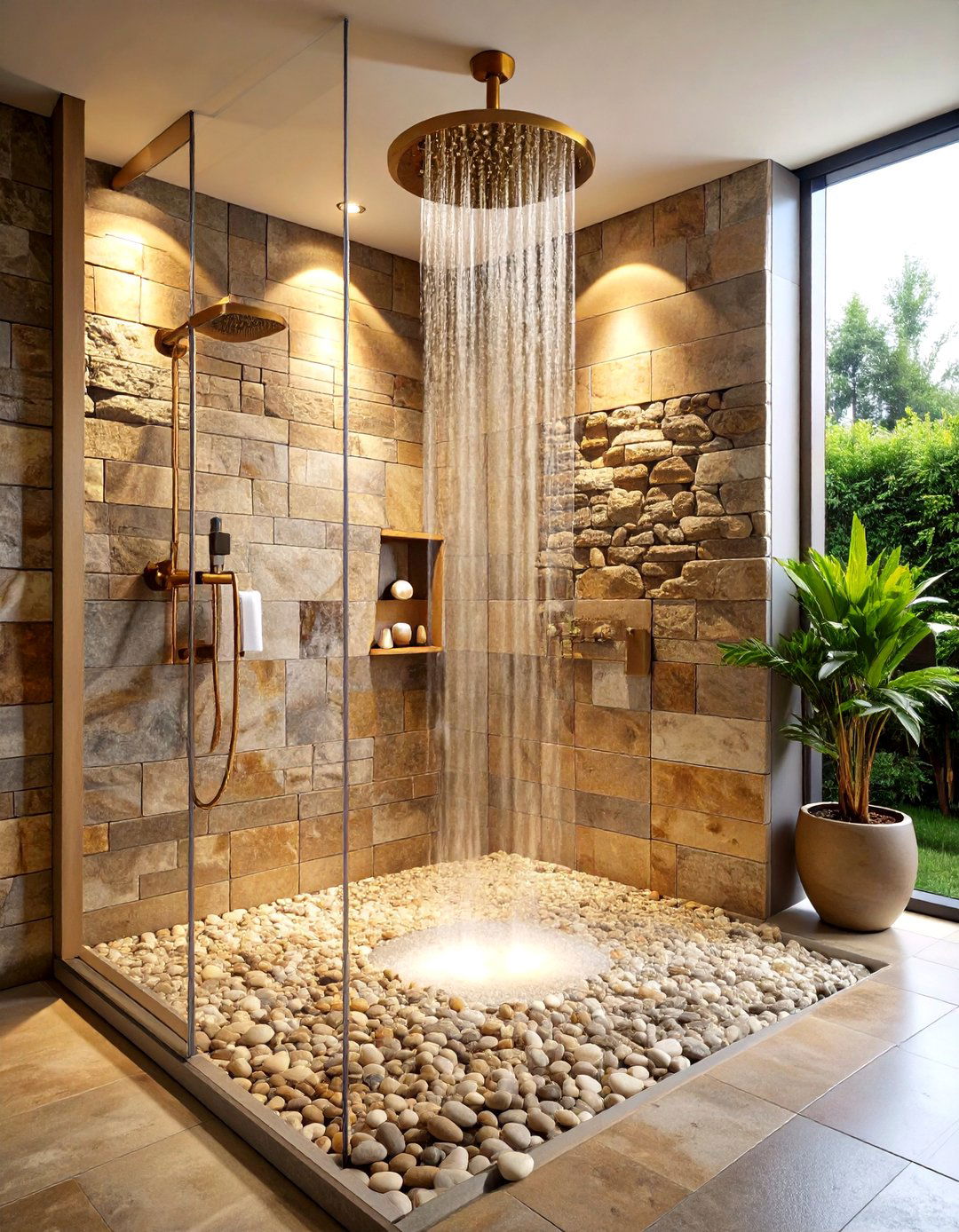 Stone Wall Sanctuary with Pebble Flooring - 24 Rustic Walk-in Shower Ideas