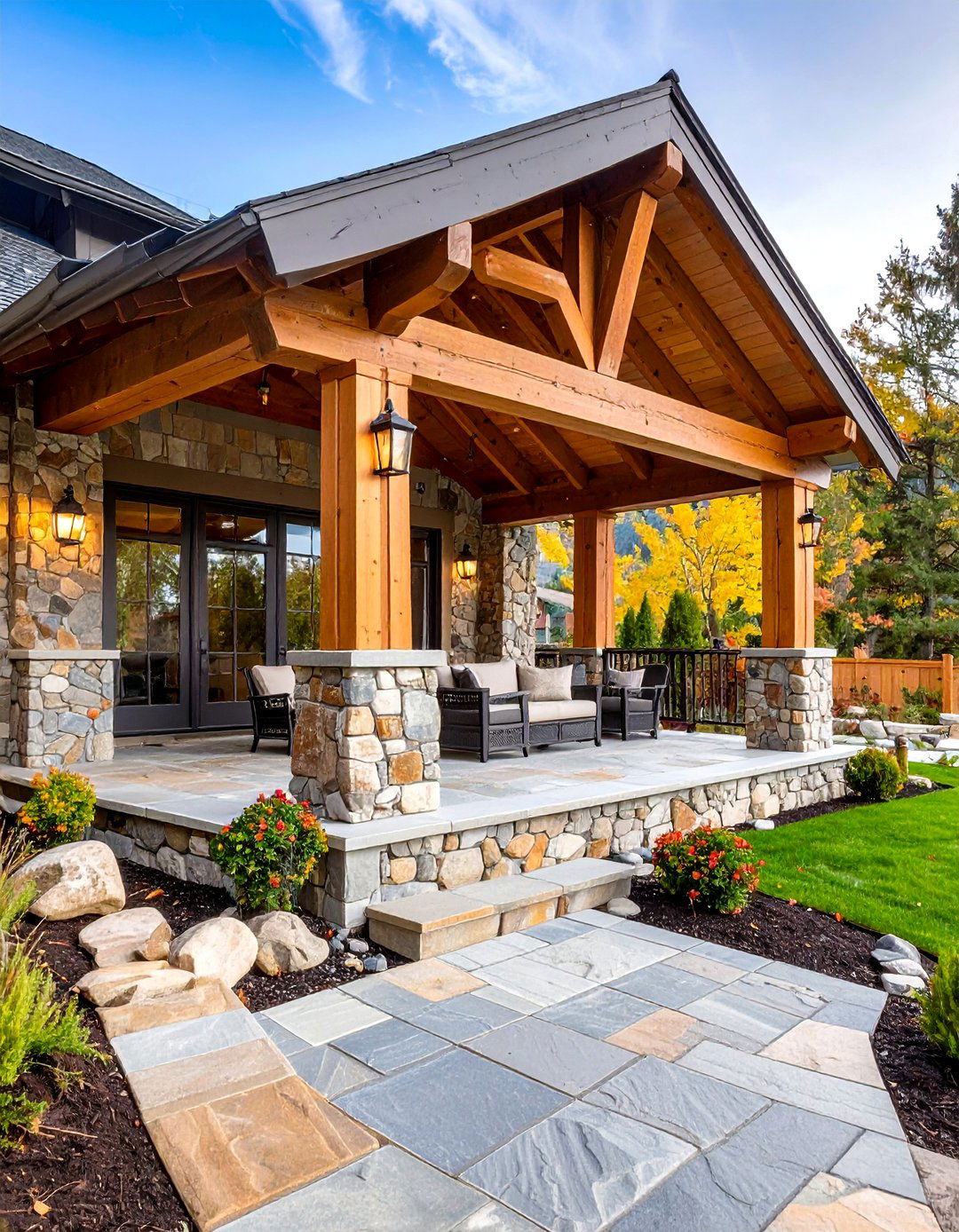 Stone and Timber Covered Porch with Natural Material Integration - 24 Covered Porch Ideas