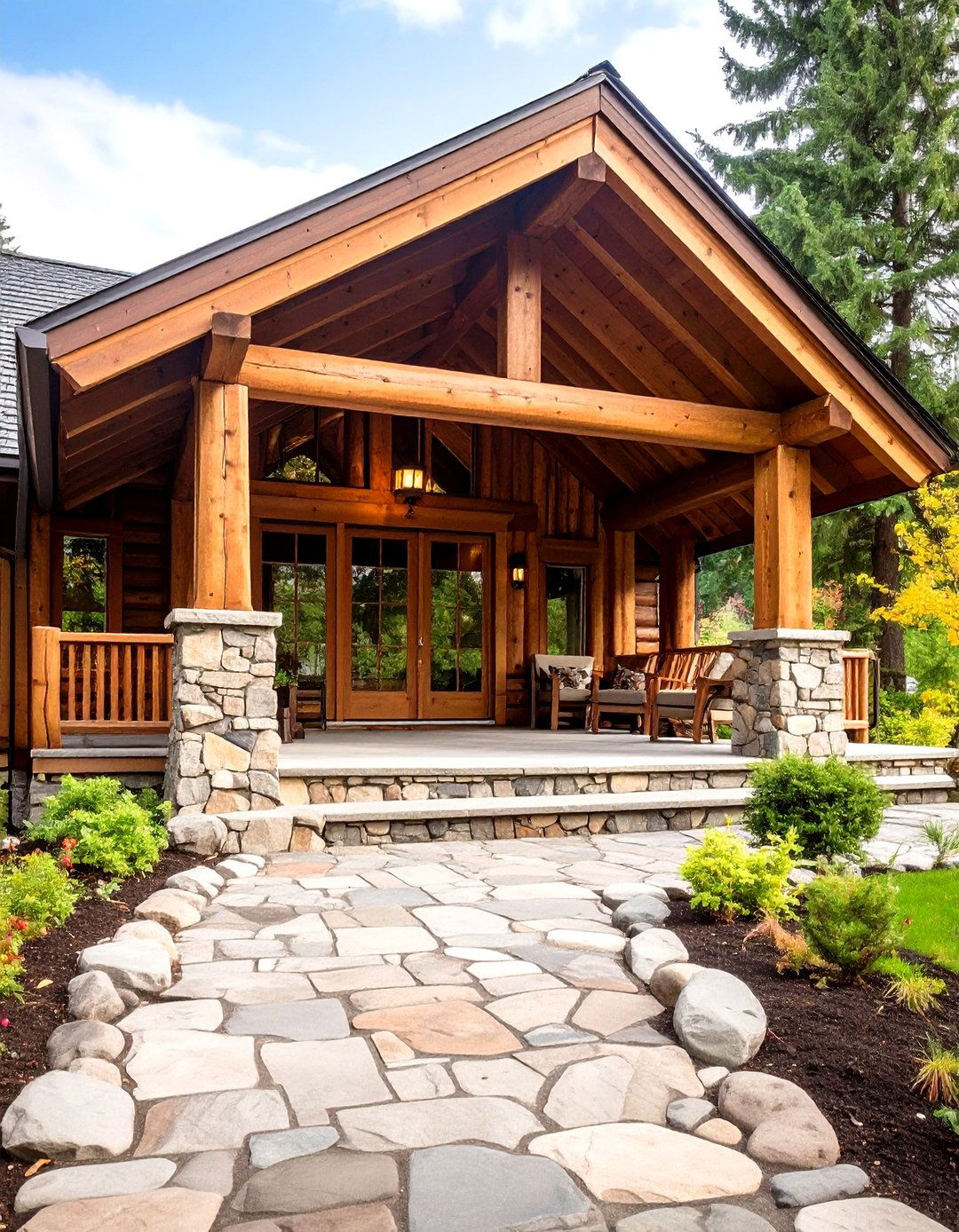 Stone and Timber Mountain Lodge Porch - 24 Barndominium Front Porch Ideas