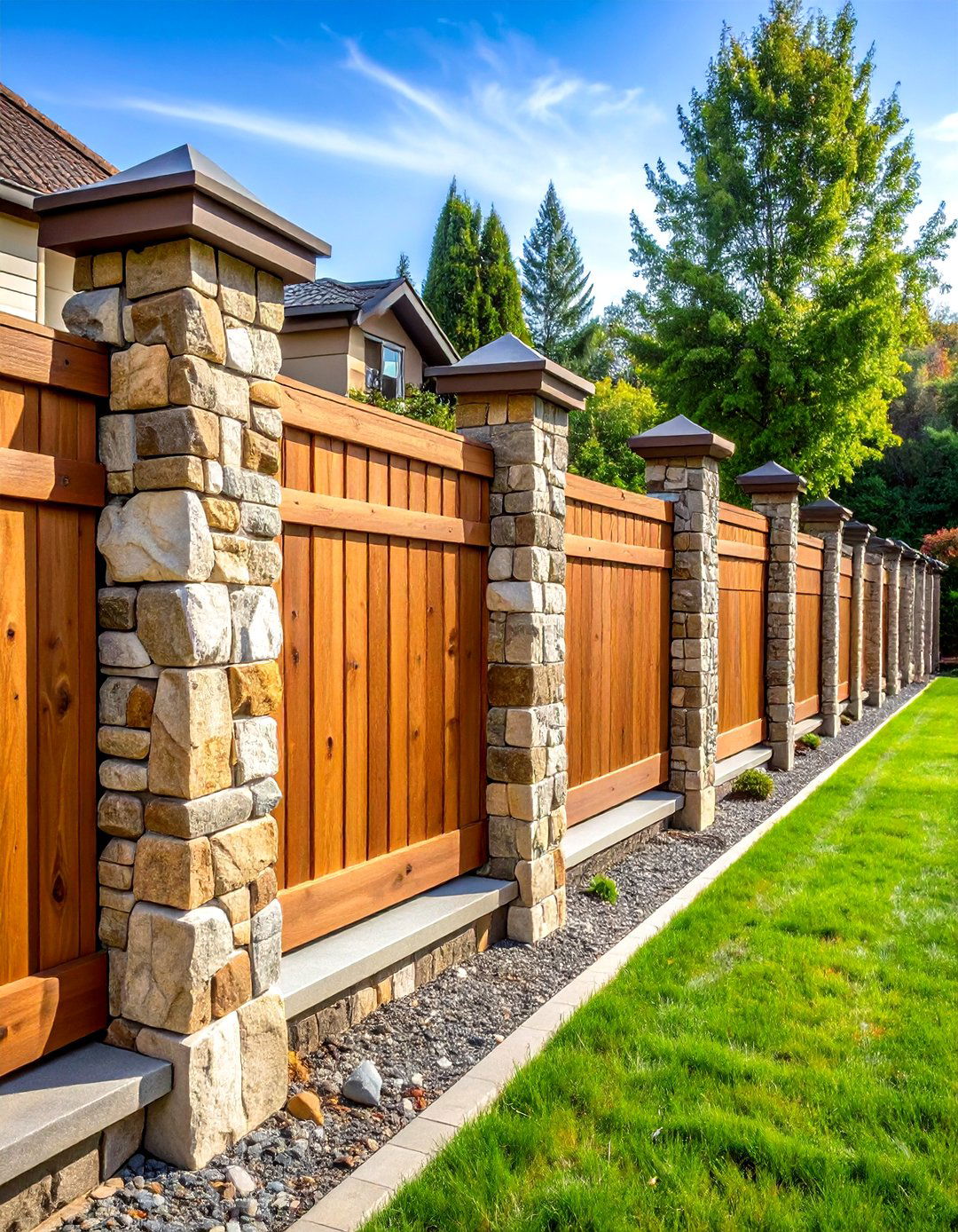Stone and Wood Combination Fencing - 24 Decorative Fence Ideas