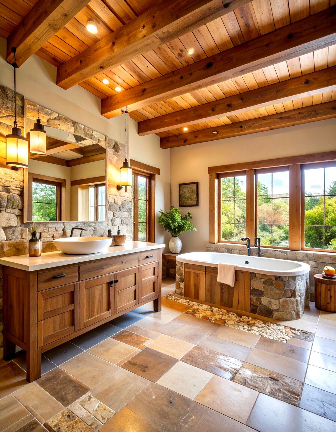 Stone and Wood Combination Modern Farmhouse Bathroom - 24 Modern Farmhouse Bathroom Ideas