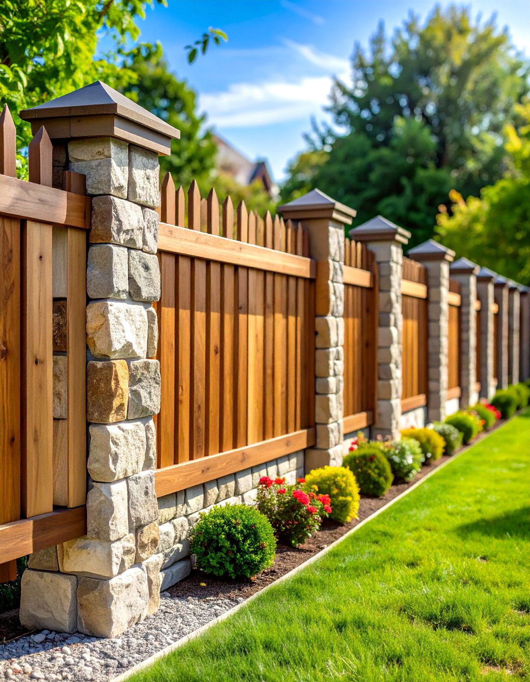 Stone and Wood Combination Privacy Fence - 24 Privacy Fence Ideas