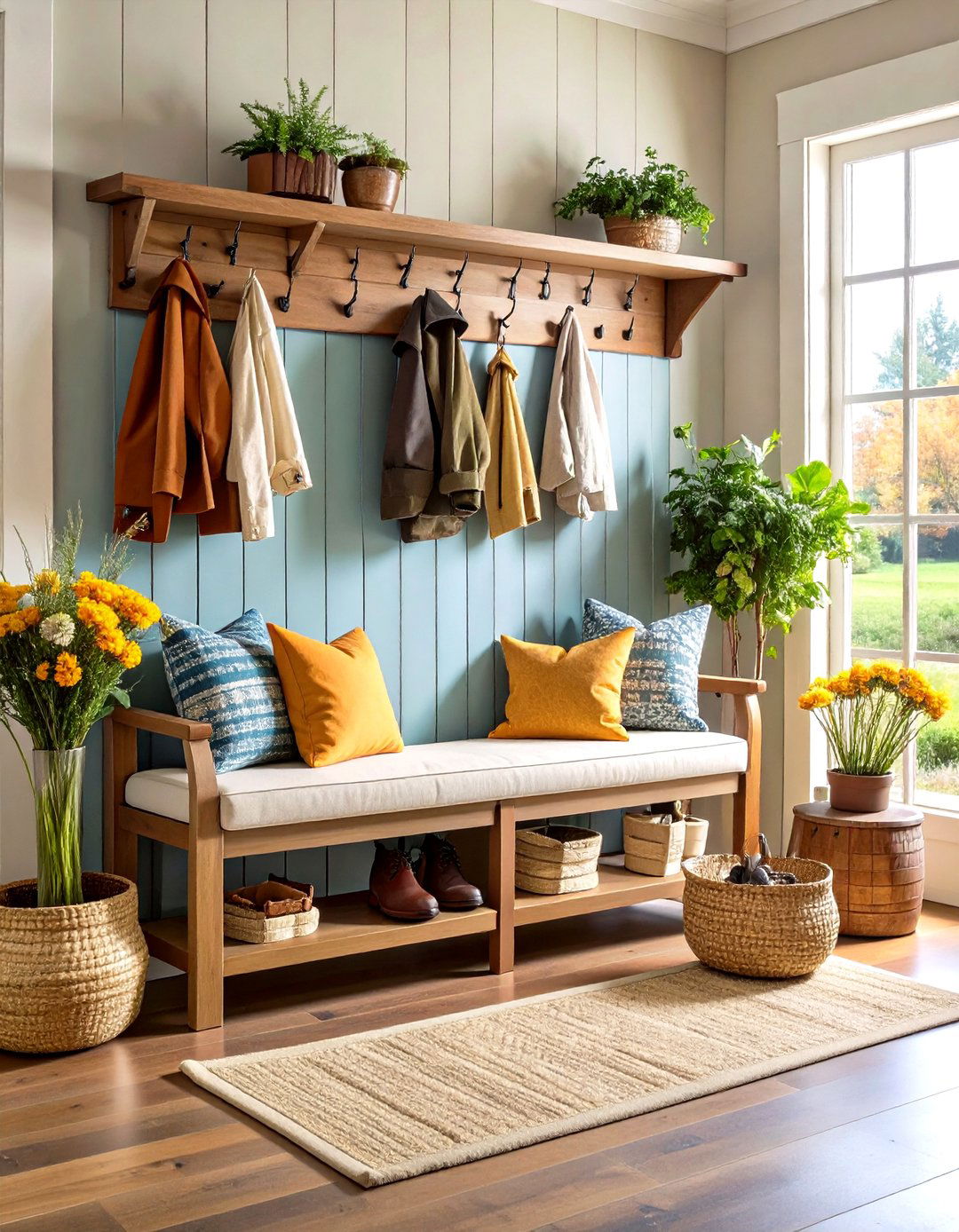 Storage Bench with Coat Rack Combination - 24 Entryway Storage Ideas