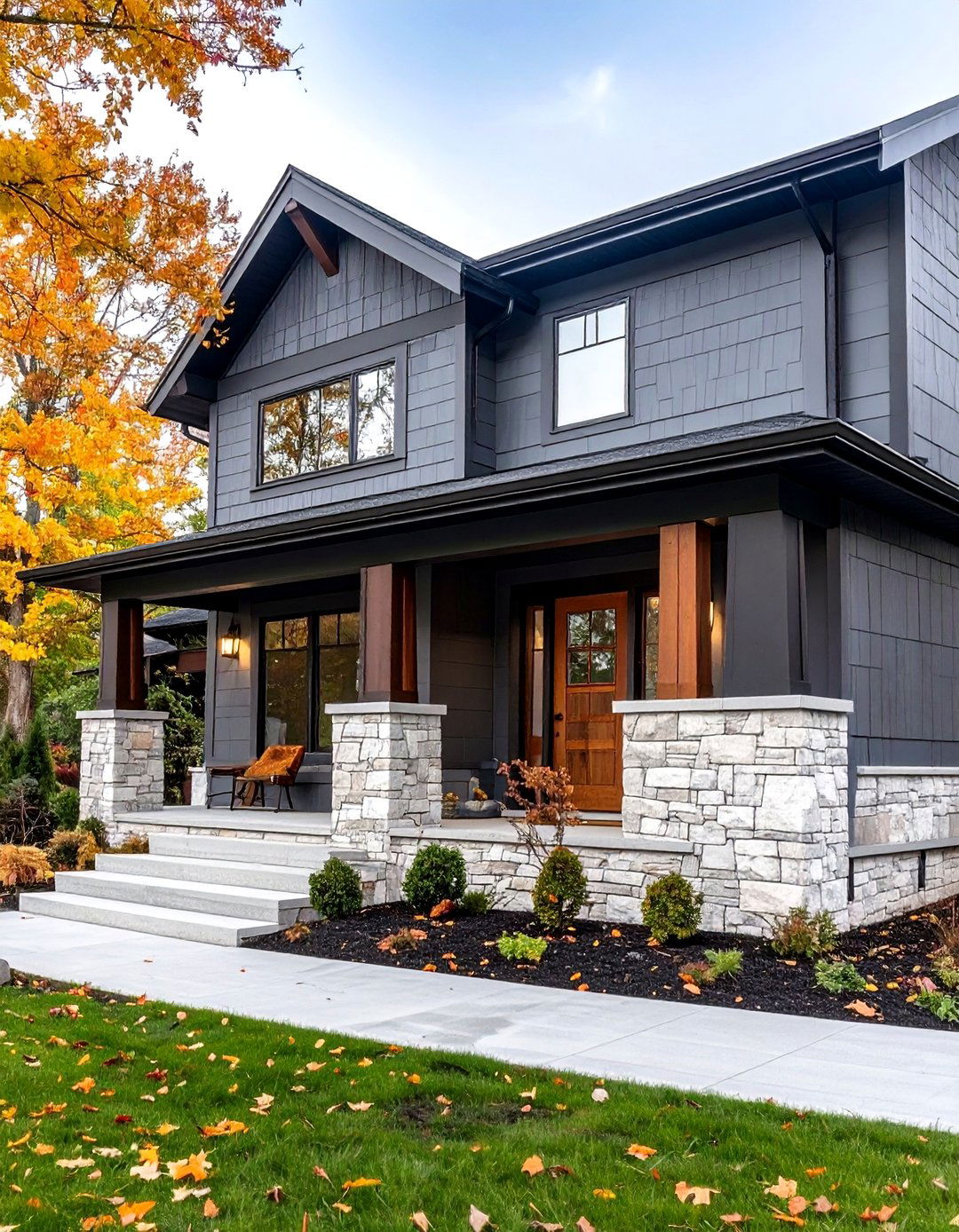 Storm Grey Lap Siding with White Stone Accents - 24 Dark Grey House Exterior Ideas