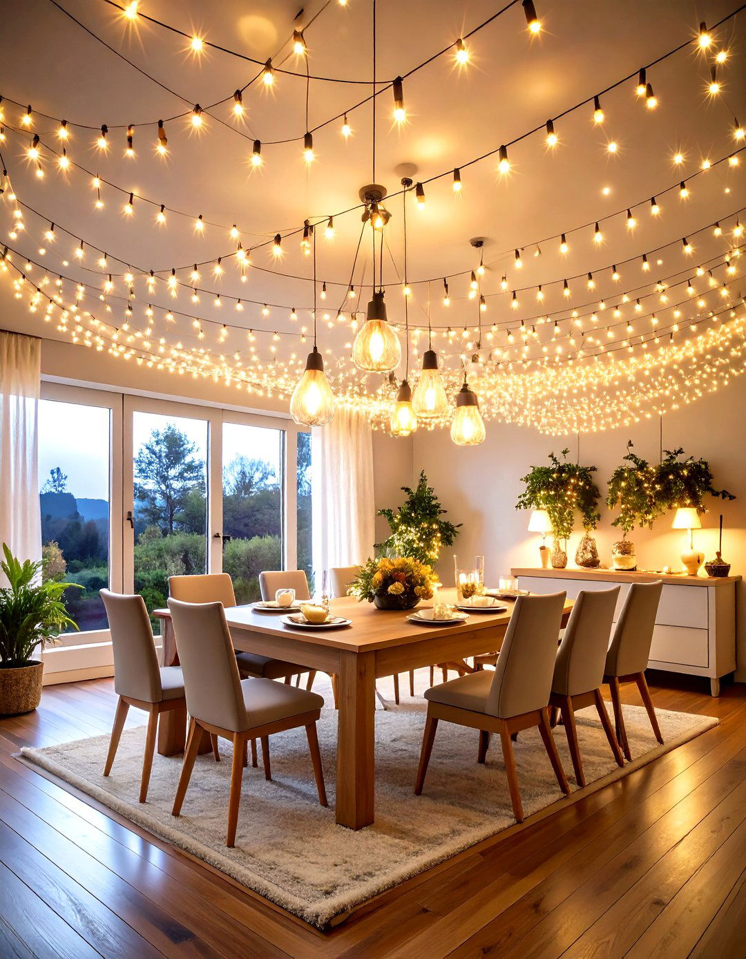 String Light Ceiling Canopy - 24 Friendsgiving Decor Ideas