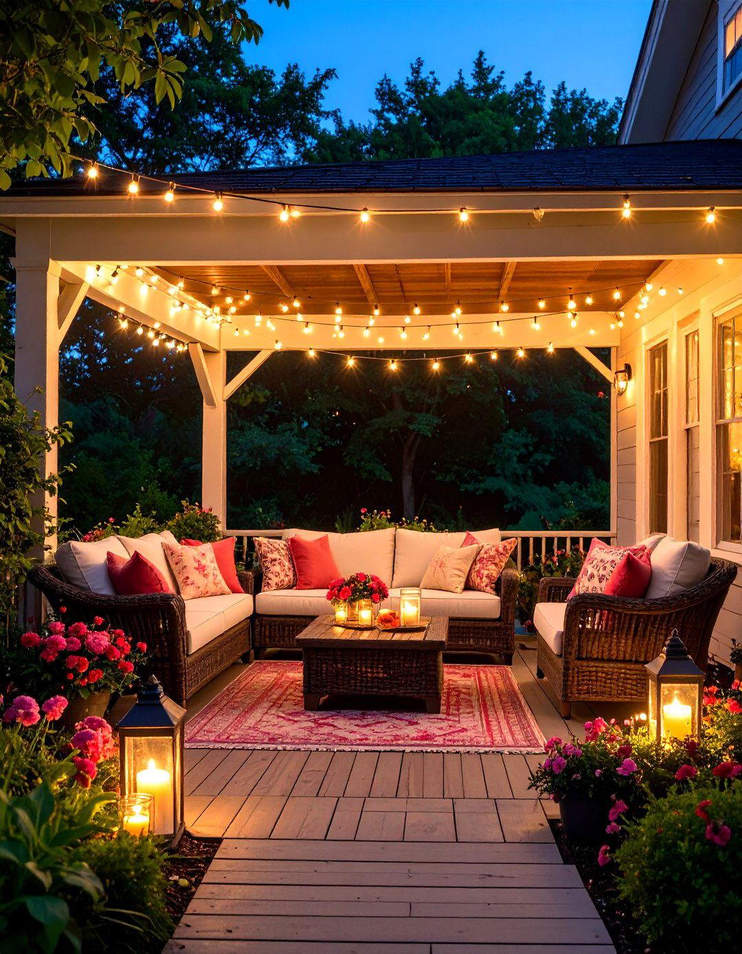 String Light Evening Porch - 24 Farmhouse Porch Ideas