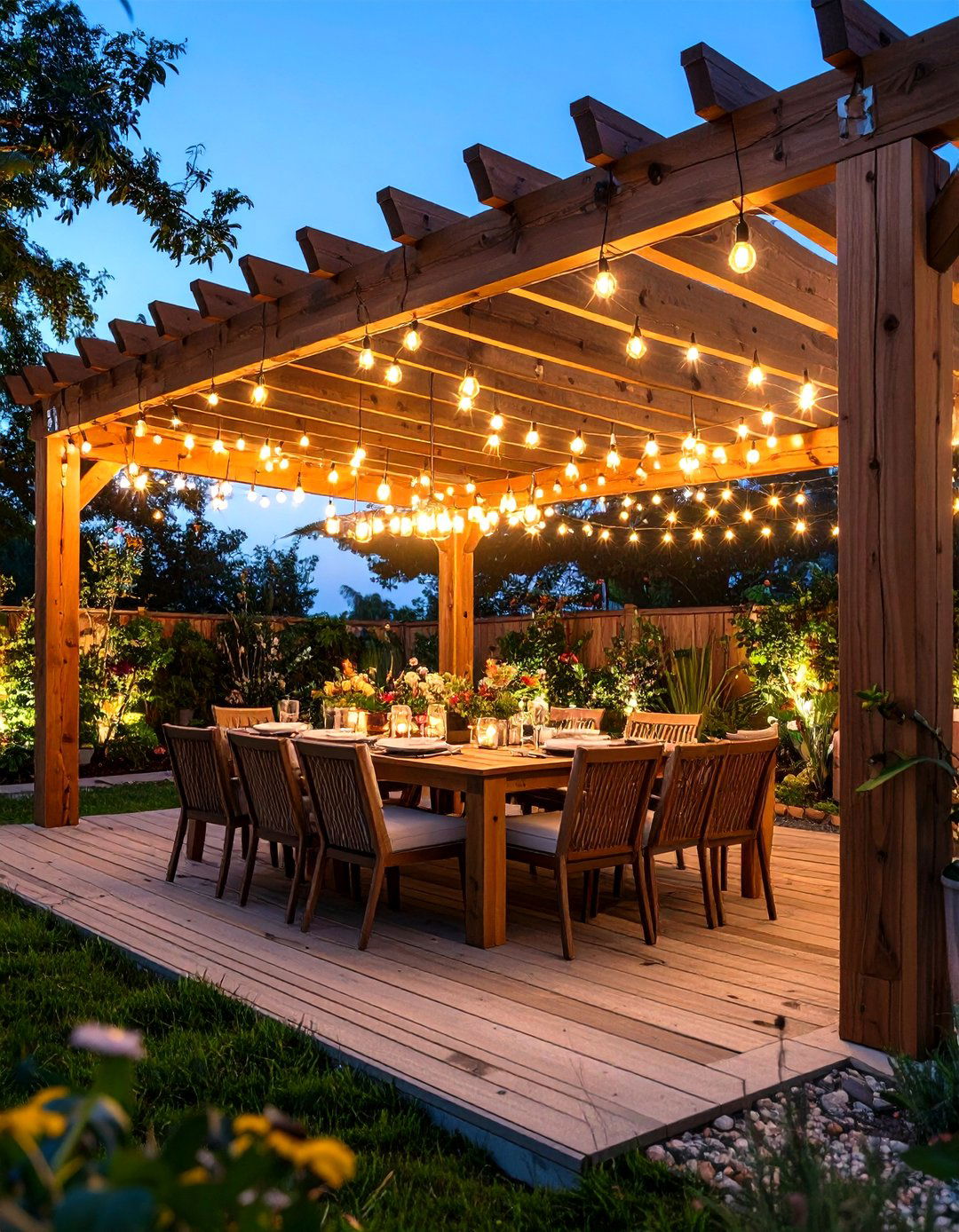 String Light Pergola with Dining Integration - 24 Outdoor Lighting Ideas