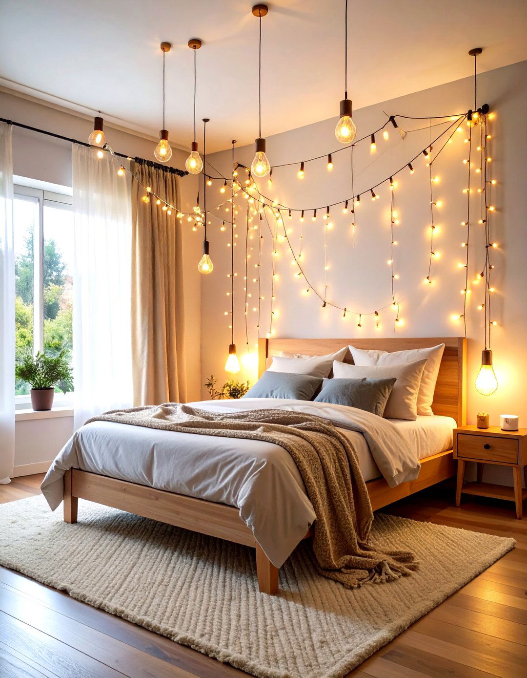 String Lights Canopy Above Bed - 24 Small Bedroom Lighting Ideas
