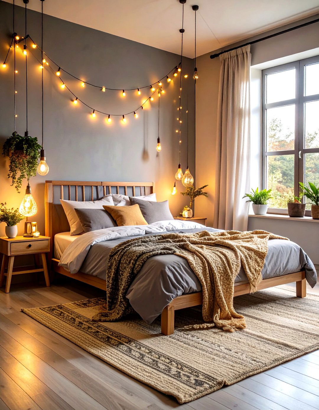 String Lights Grey Boho Bedroom Magic - 24 Grey Boho Bedroom Ideas