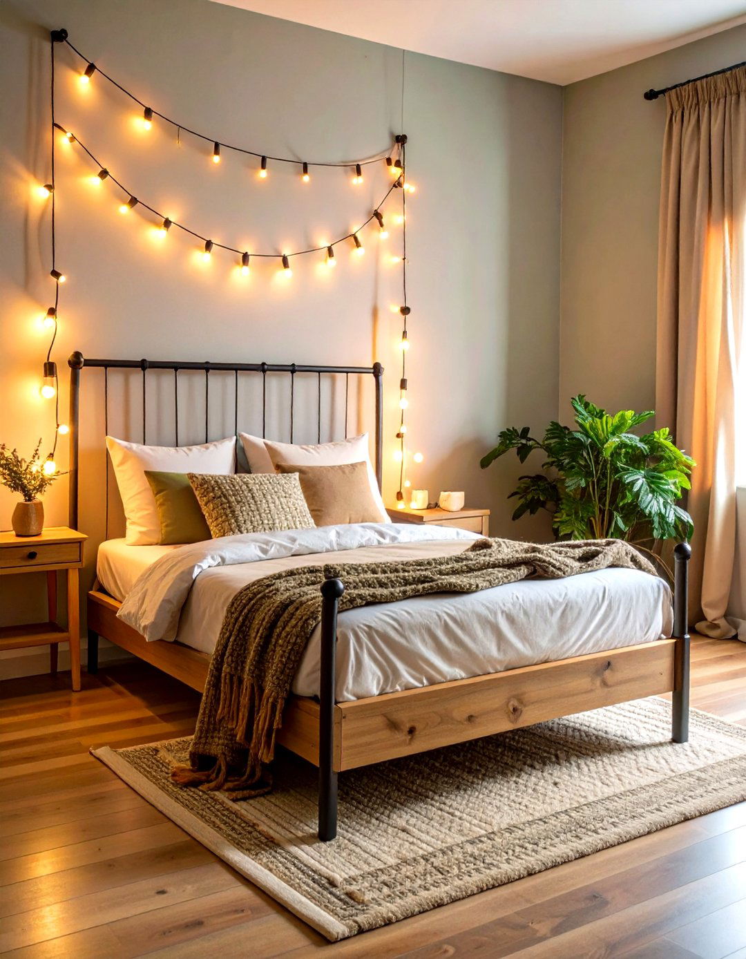 String Lights Wrapped Around Bed Frame - 24 Small Bedroom Lighting Ideas