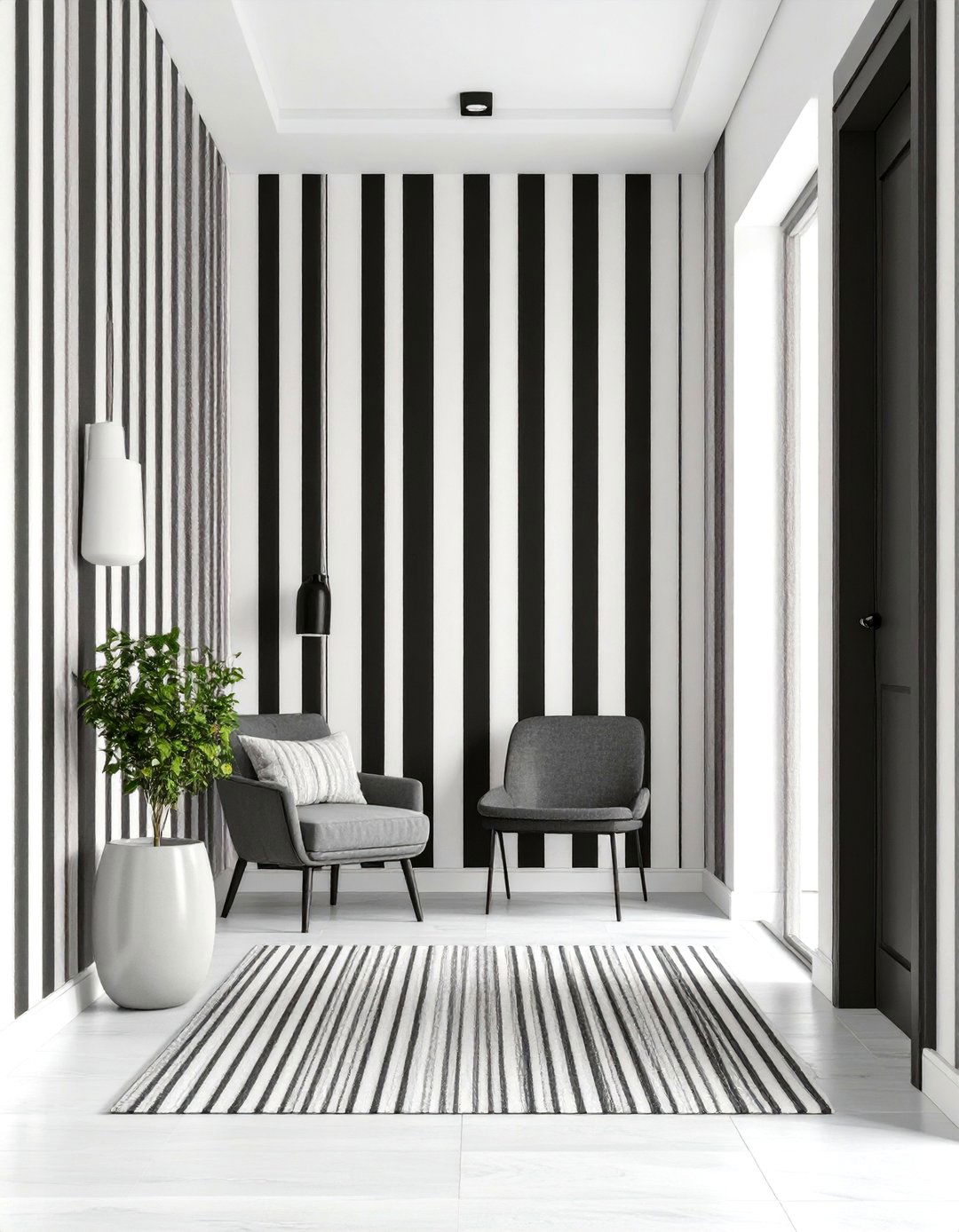 Striped Wallpaper Accent Wall - 24 Black and White Entryway Design Ideas