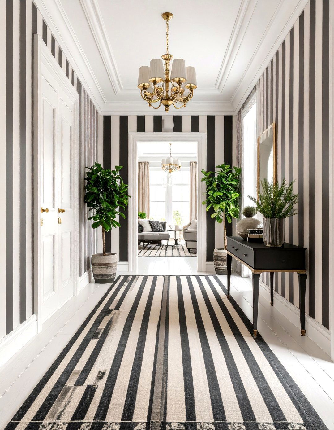 Striped Wallpaper Elegance - 24 Black and White Hallway Ideas