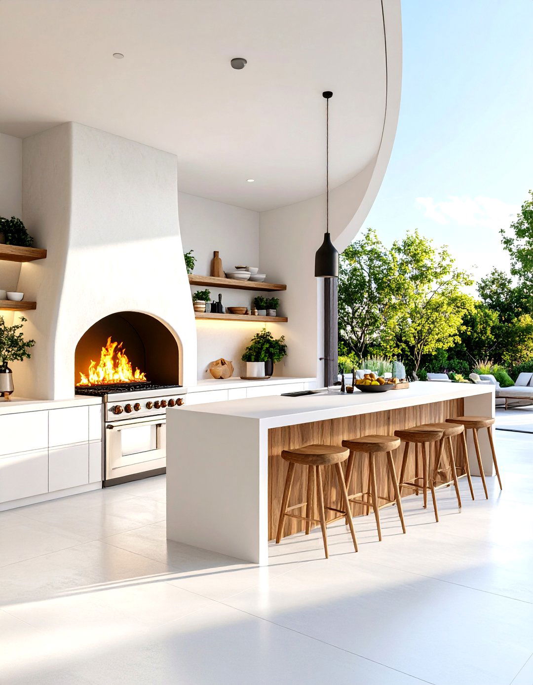 Stucco Kitchen with Curved Fireplace Integration - 24 Stucco Outdoor Kitchen Ideas