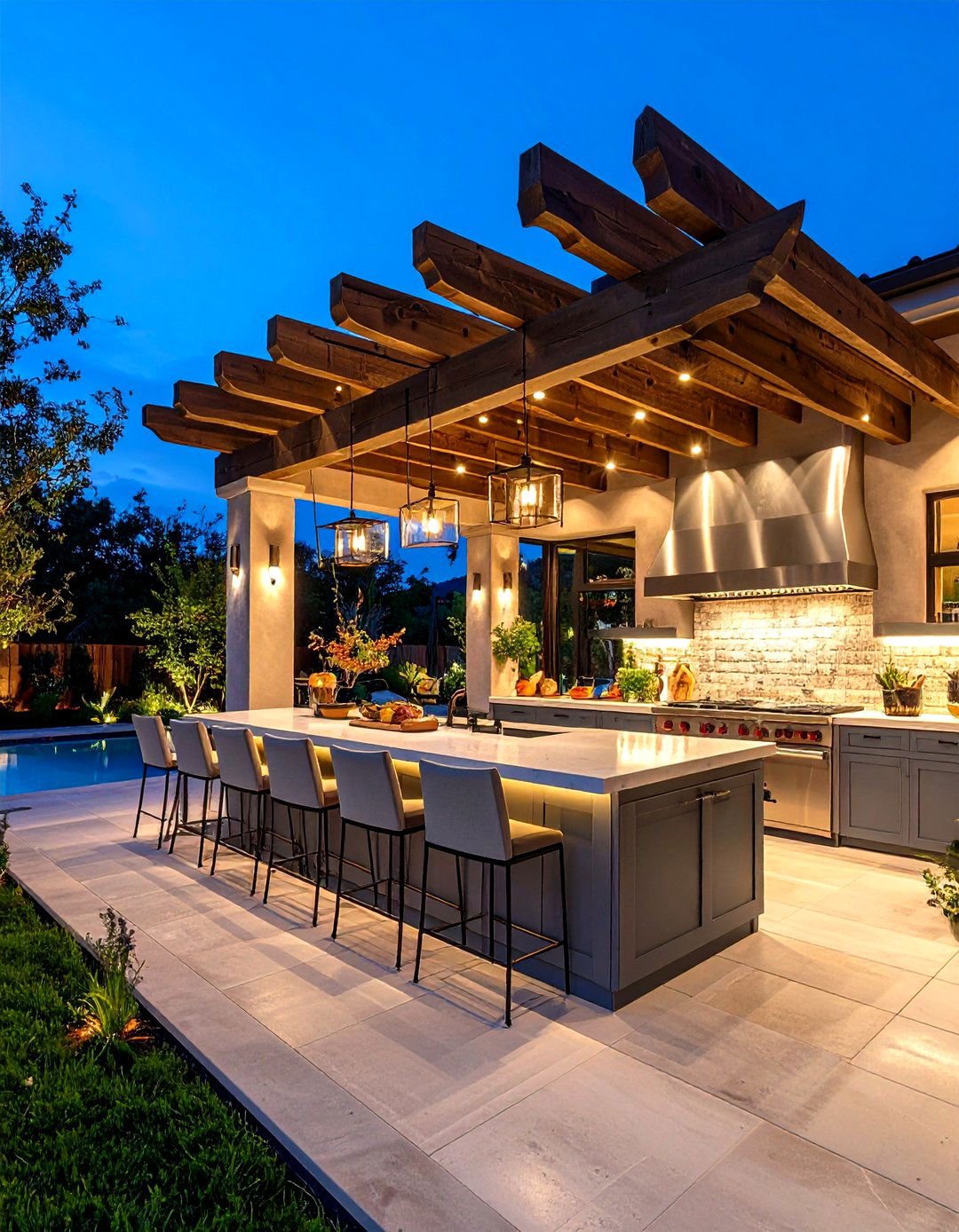 Stucco Kitchen with Pergola and Lighting Integration - 24 Stucco Outdoor Kitchen Ideas