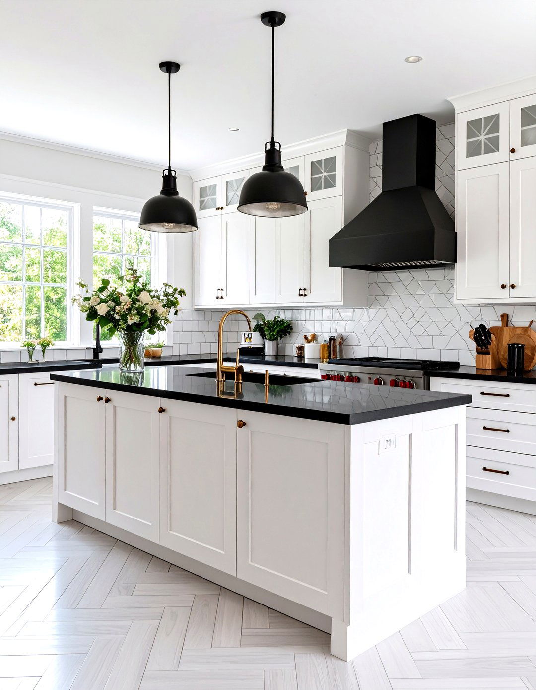 Subway Tile Backsplash Accent - 24 Kitchen With White Cabinets and Black Countertops Ideas