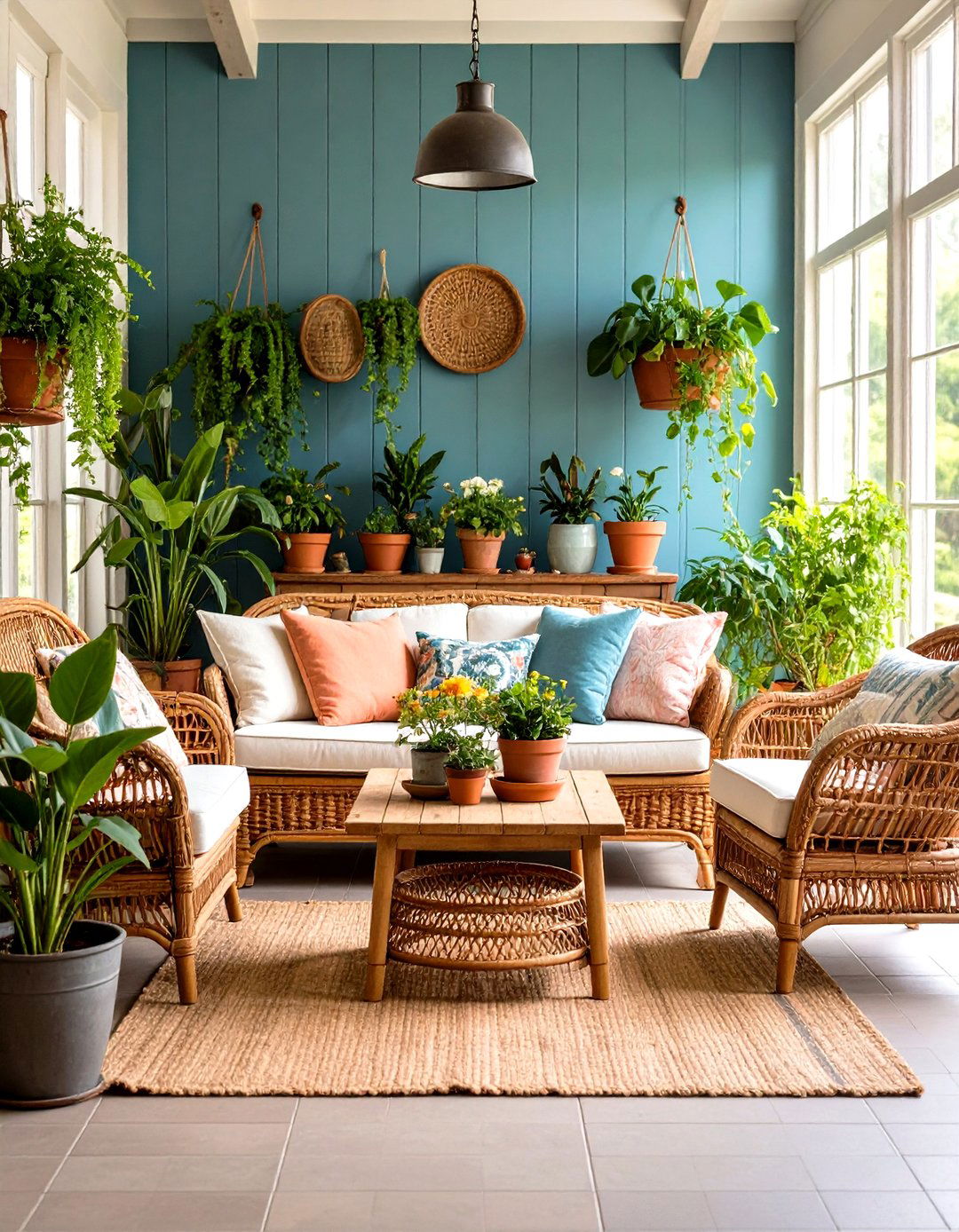 Sun Room with Vintage Wicker Furniture and Plants - 24 Farmhouse Decor Ideas