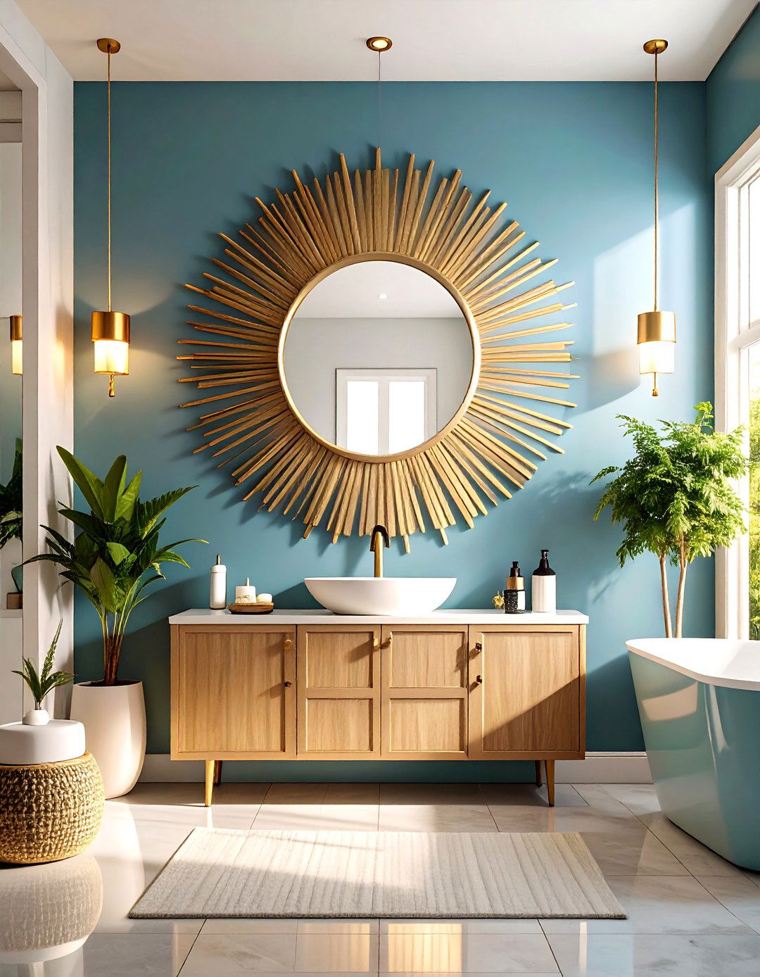 Sunburst Mirror Statement Walls - 24 Art Deco Bathroom Ideas