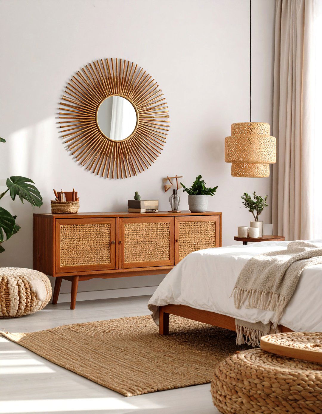 Sunburst Mirror with Mid Century Modern Flair - 24 Mirror Behind Nightstand Design Ideas