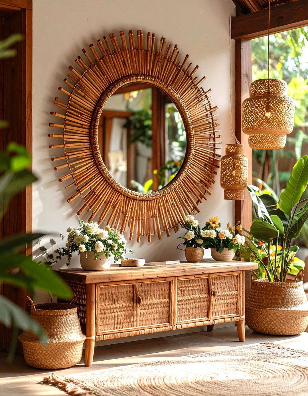 Sunburst Rattan Boho Mirror - 24 Entryway Mirror Ideas