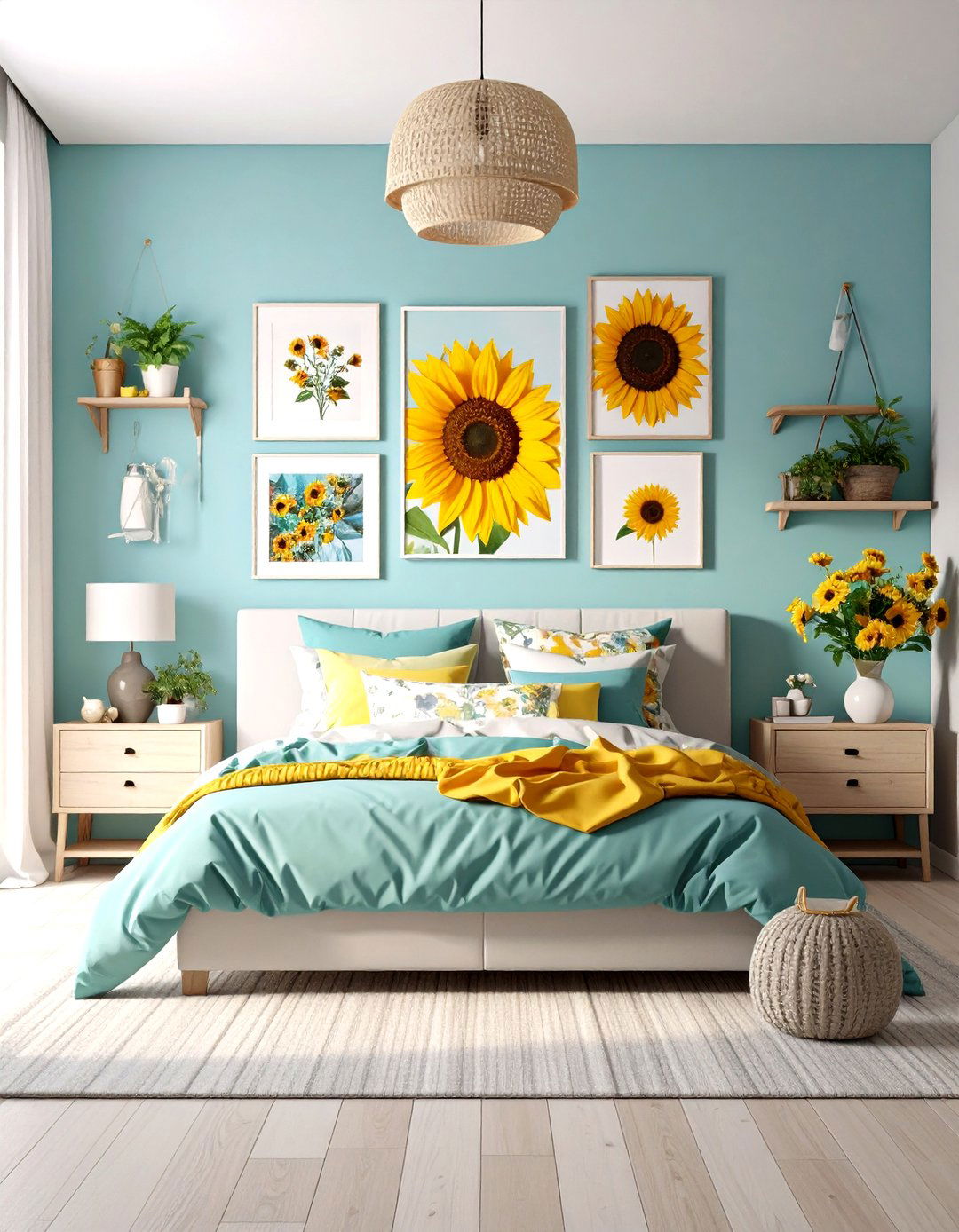 Sunflower Gallery Wall Bedroom Feature - 24 Sunflower Bedroom Ideas