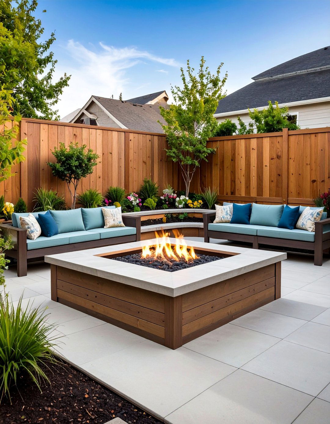 Sunken Fire Pit with Seating Wall Integration - 24 Concrete Paver Patio Fire Pit Ideas