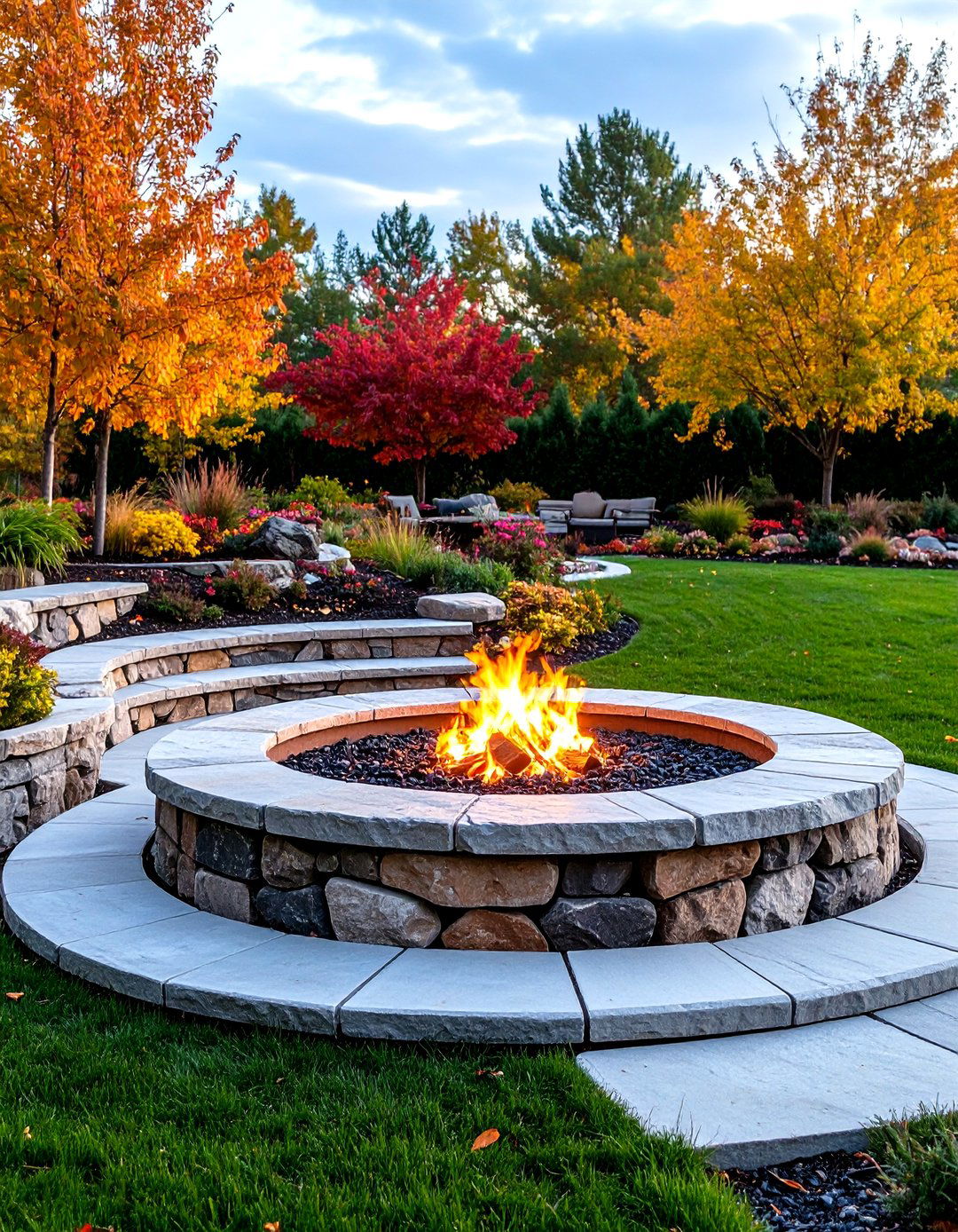 Sunken Flagstone Fire Pit with Tiered Stone Seating - 24 Flagstone Fire Pit Ideas