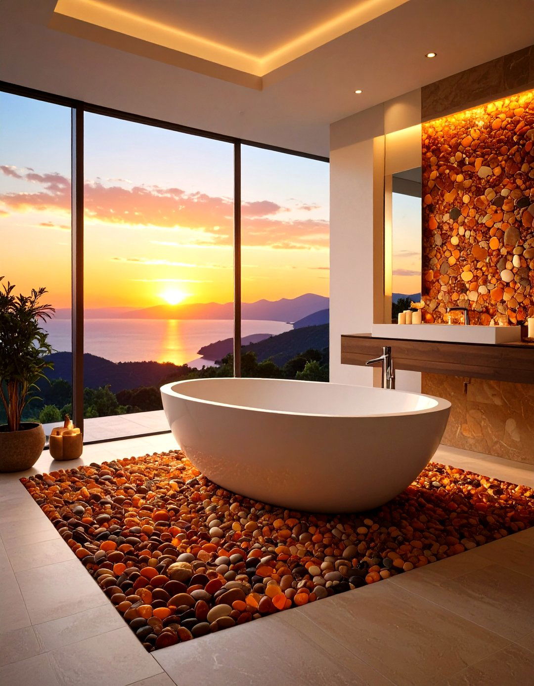 Sunset Mosaic Pebble Feature - 24 Pebble Tile Bathroom Ideas