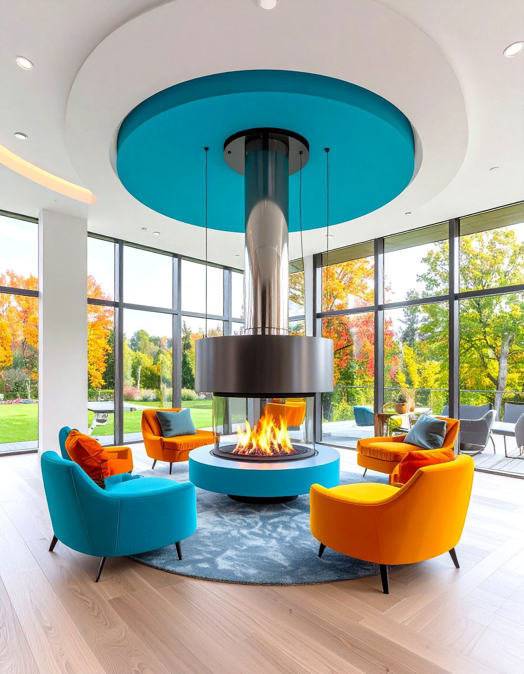 Suspended Contemporary Fireplace with Degree Views - 24 Fireplace Ideas