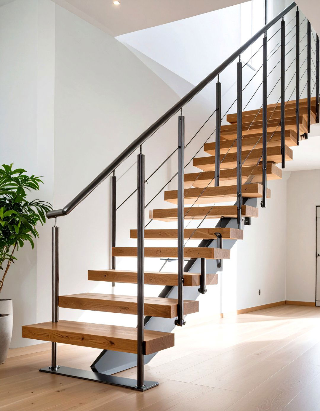 Suspended Rod Rail with Wood Treads - 24 Open Staircase Ideas
