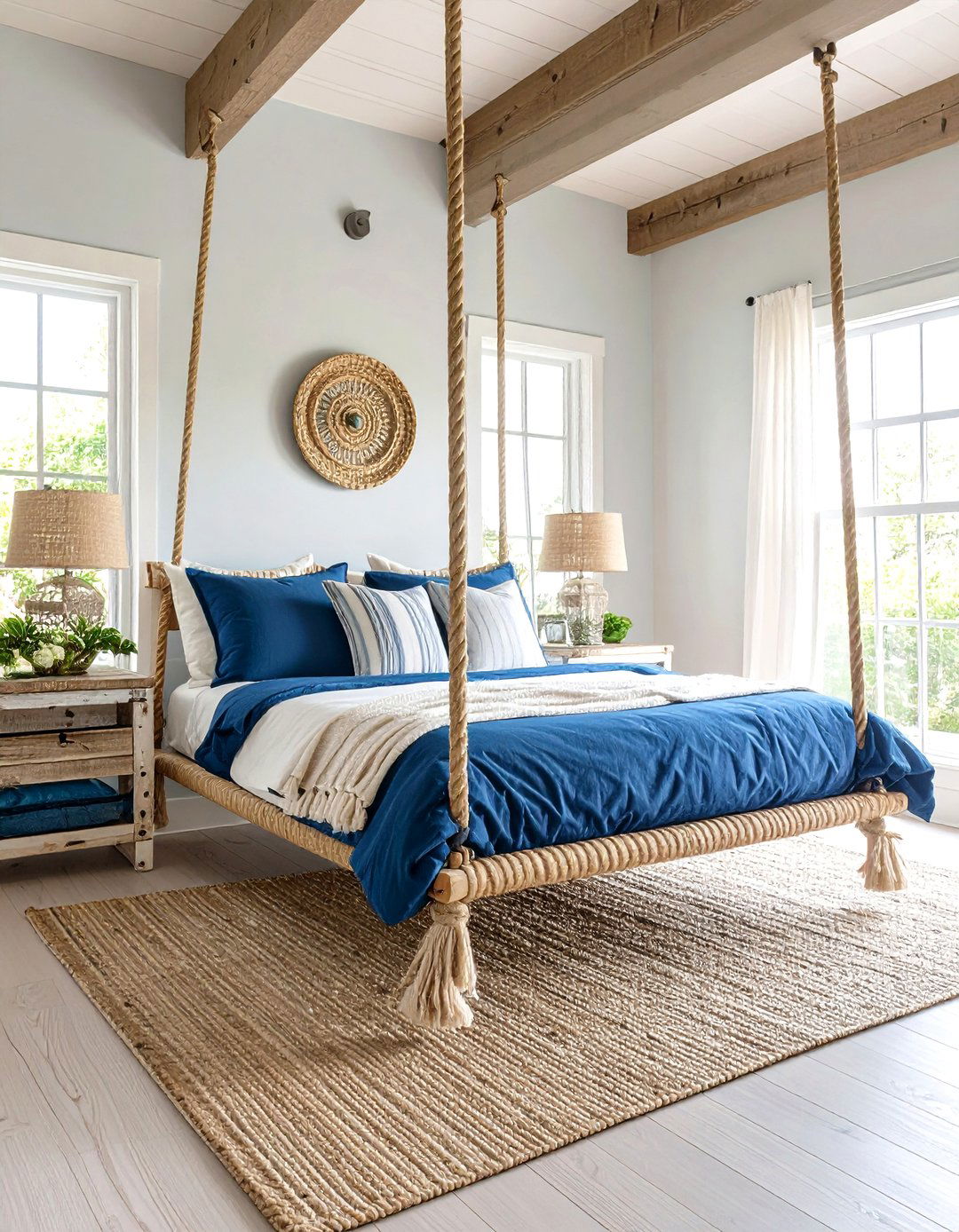 Suspended Rope Swing Bed with Ocean View Framing - 24 Boho Beach Bedroom Ideas
