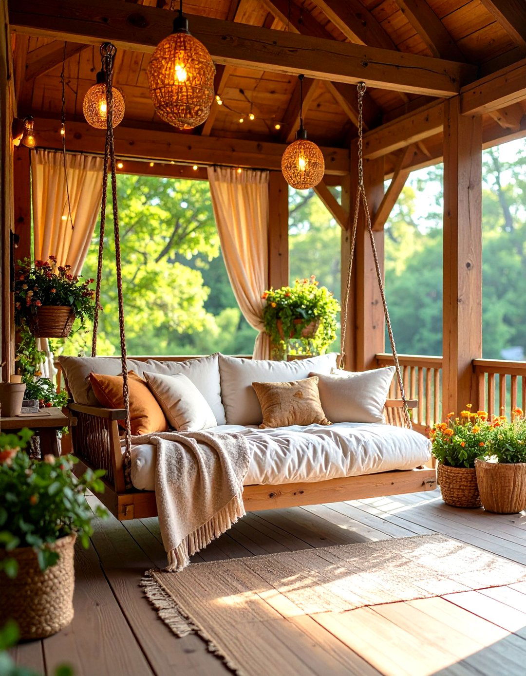 Swing Bed Reading Nook Porch - 24 Barndominium Front Porch Ideas