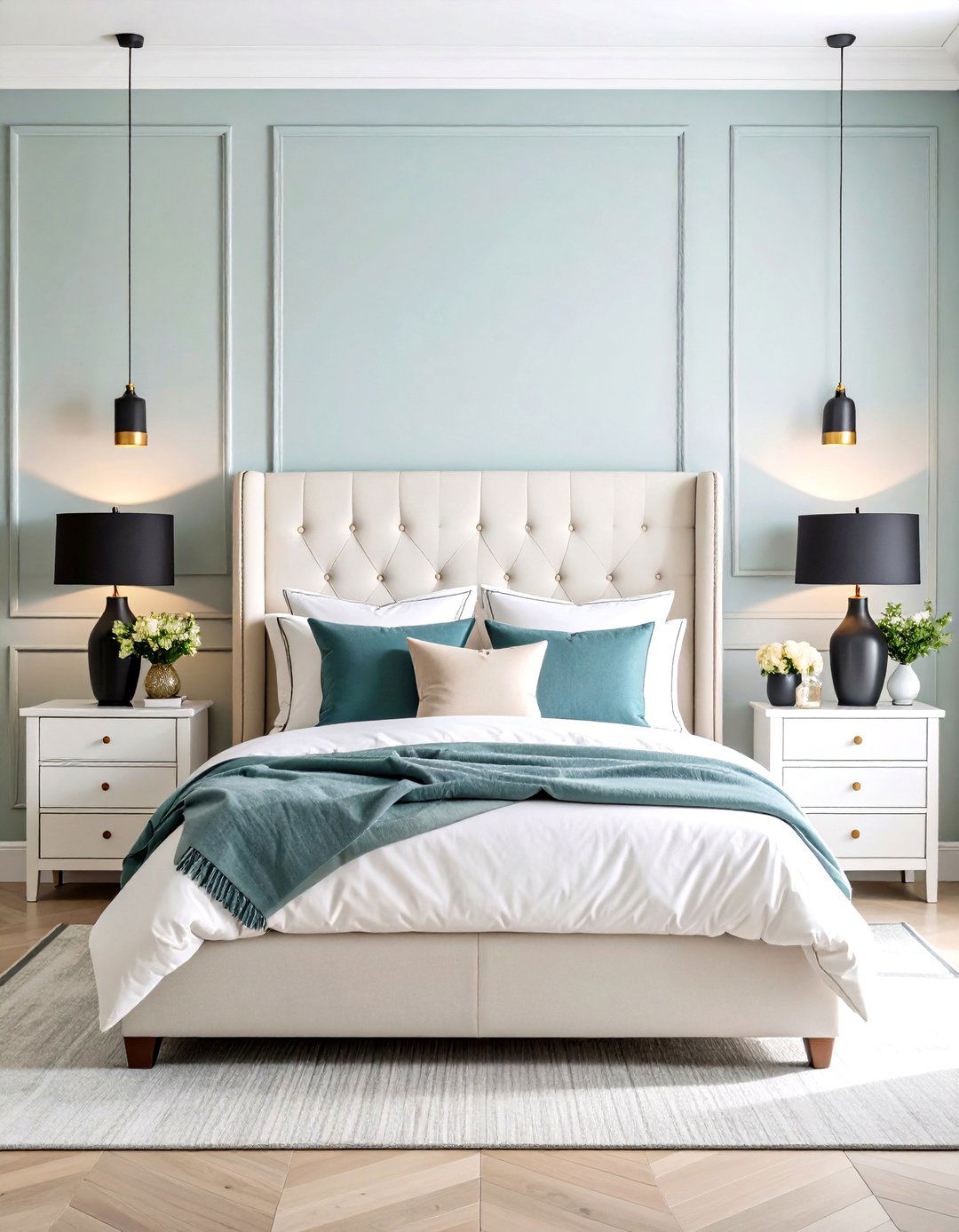 Symmetrical Design Bedroom with Balanced Elements - 24 Feminine Black and White Bedroom Ideas