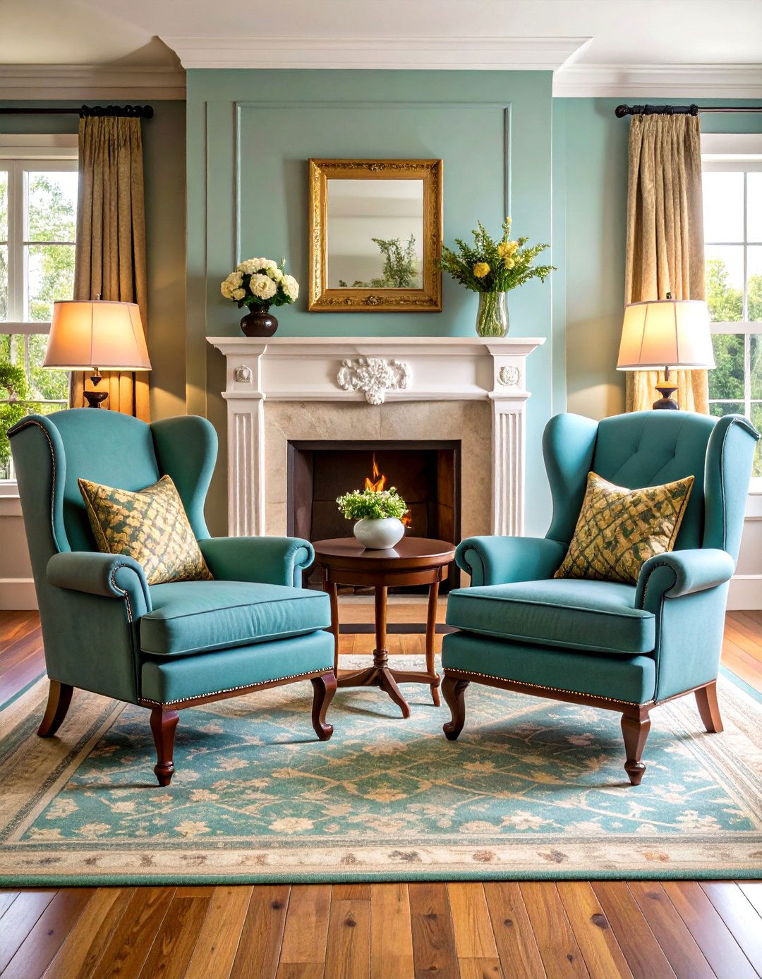 Symmetrical Wingback Chair Placement - 24 Chairs in Front of Fireplace Ideas