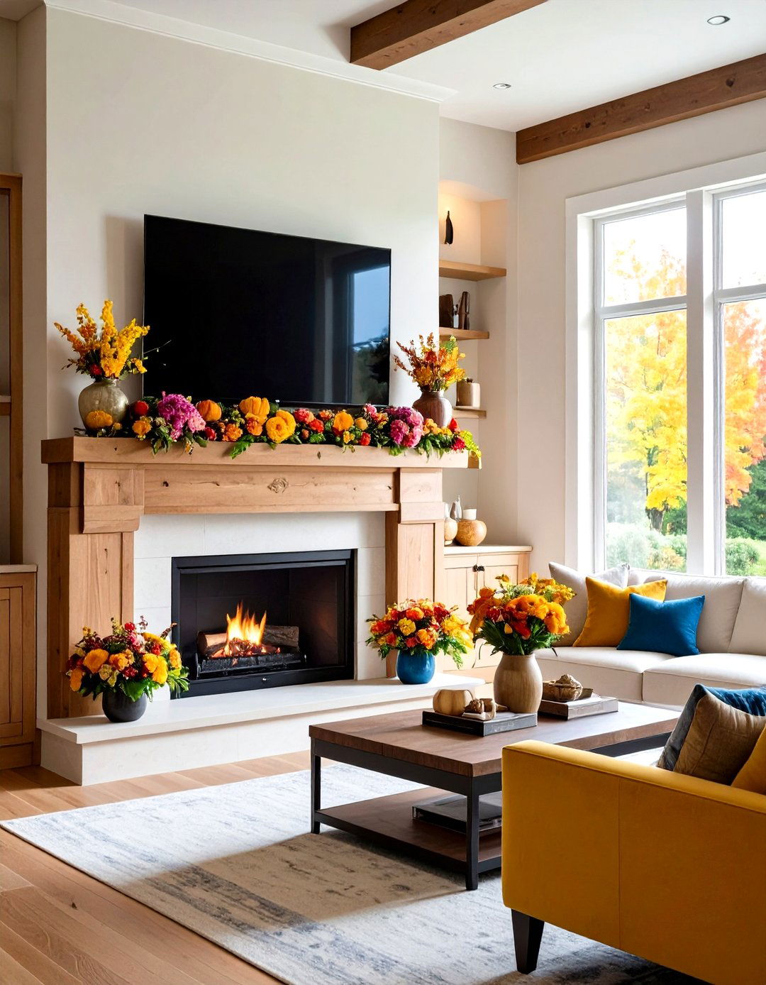 TV Above Fireplace with Seasonal Mantel Decorating - 24 Tv Over Fireplace Ideas