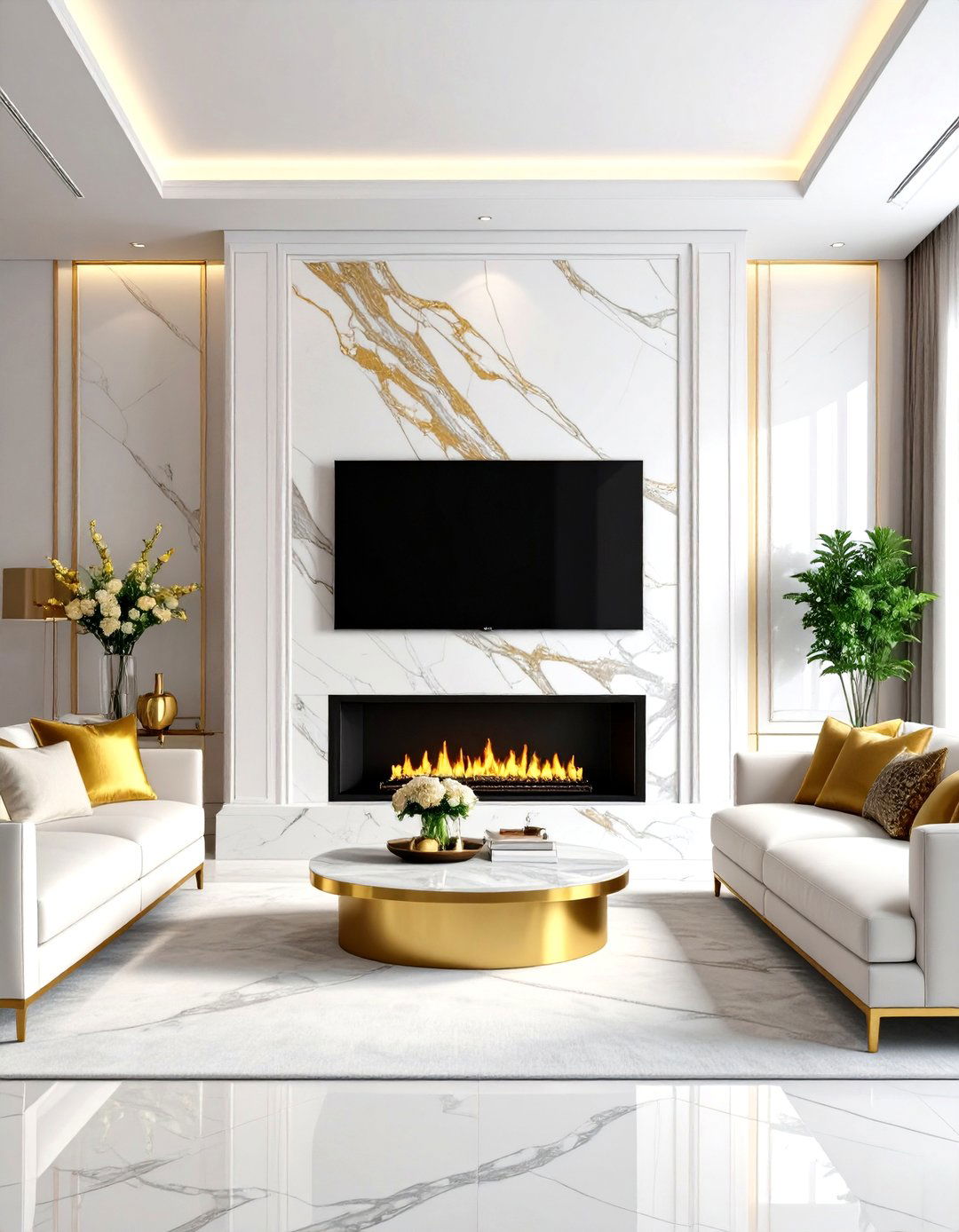 TV Above Marble Fireplace with Gold Accents - 24 Tv Over Fireplace Ideas