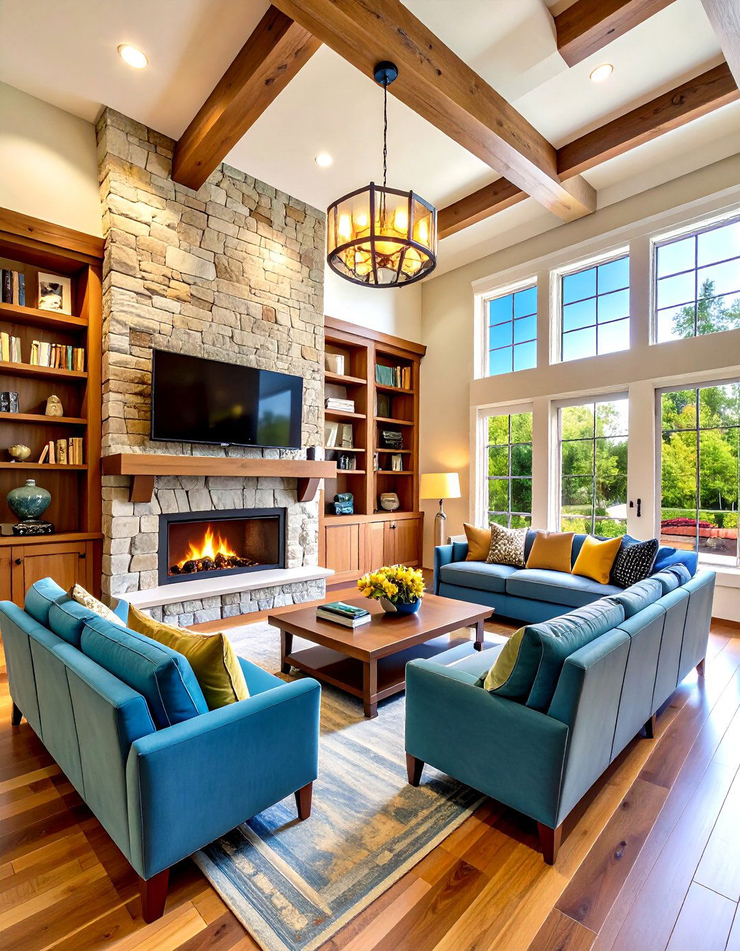 TV Above Two Story Fireplace with Gallery Wall - 24 Tv Over Fireplace Ideas