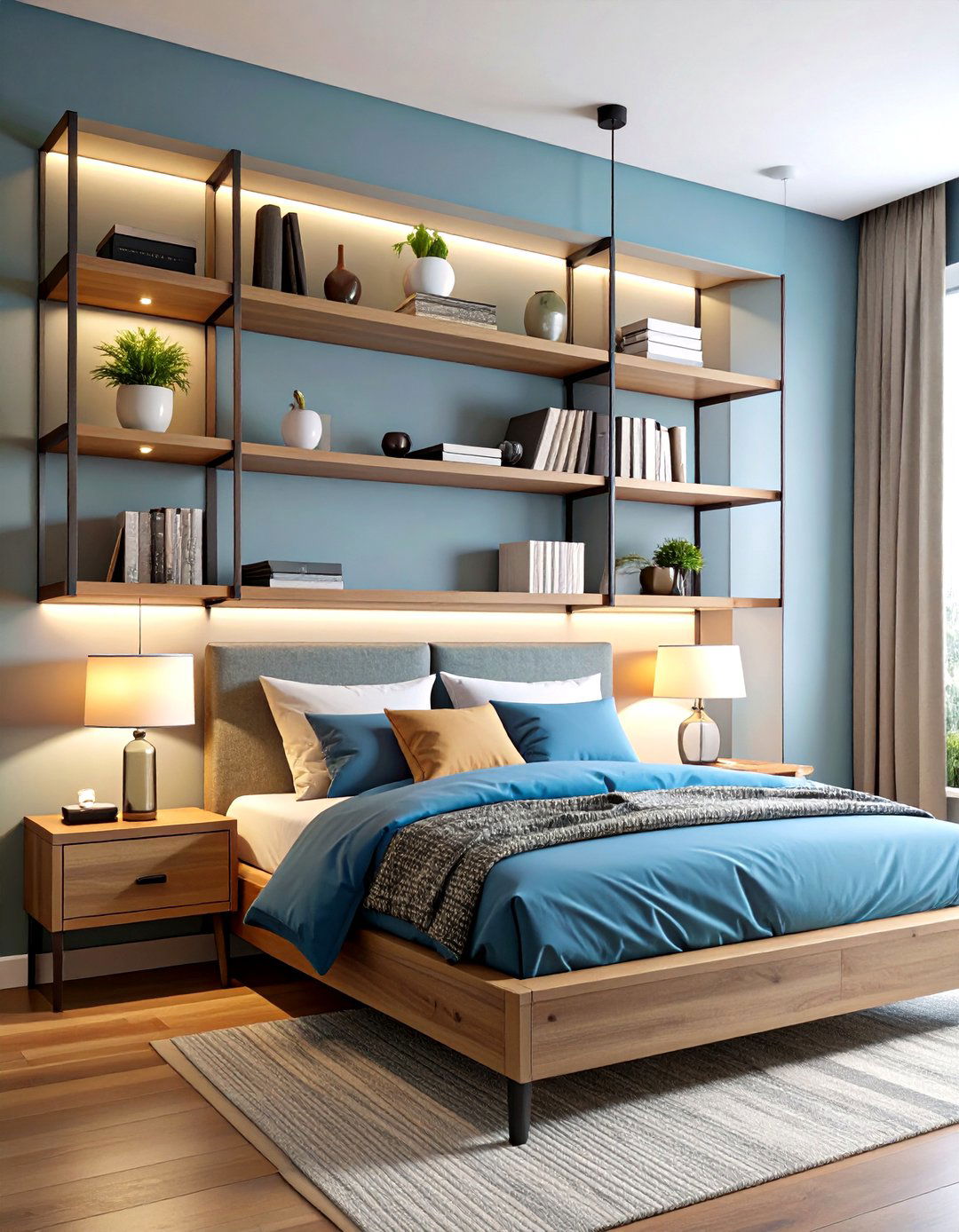 Table Lamps on Floating Shelves - 24 Small Bedroom Lighting Ideas