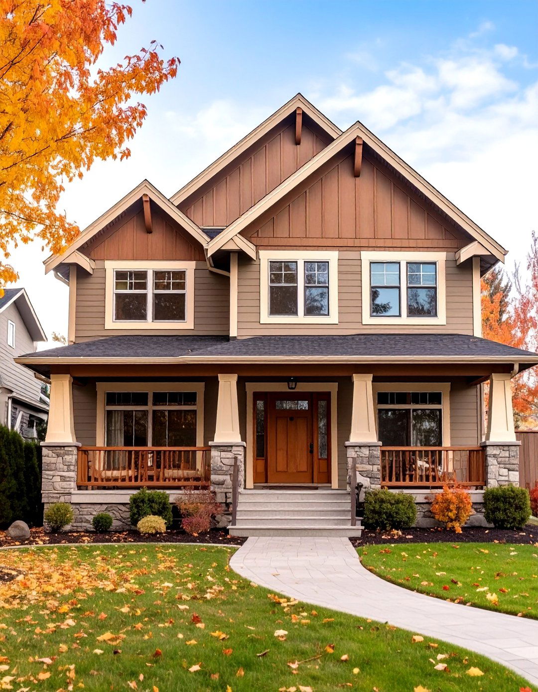 Taupe Exterior Paint with Cream Accents - 24 Brown Exterior House Colors