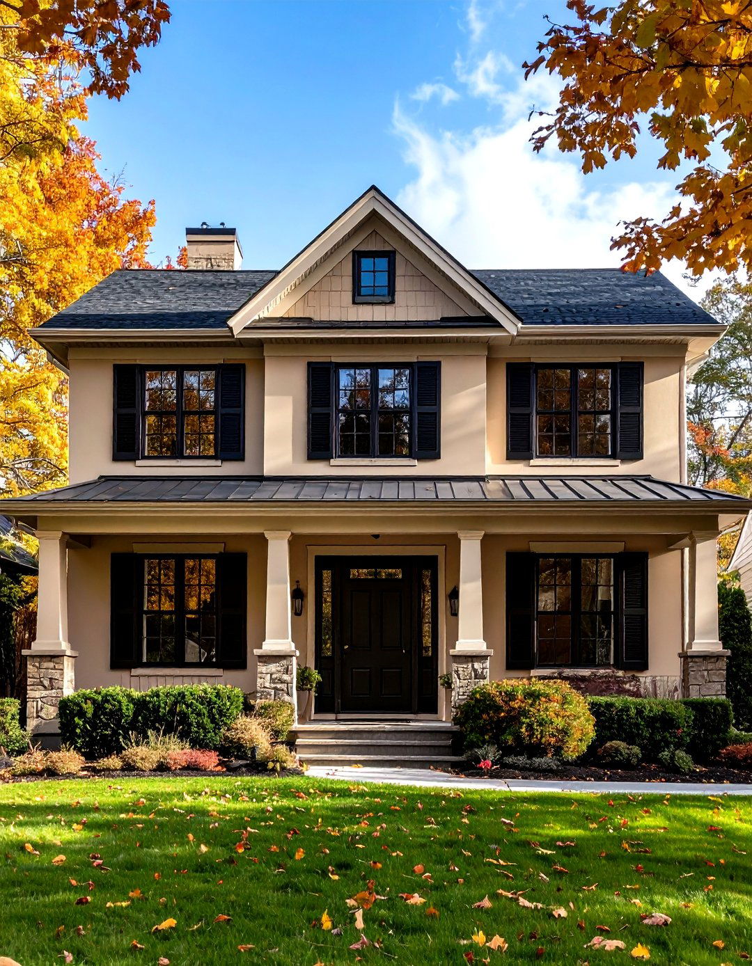 Taupe Exterior with Black Shutters and Doors - 24 Exterior Taupe House Color Combinations