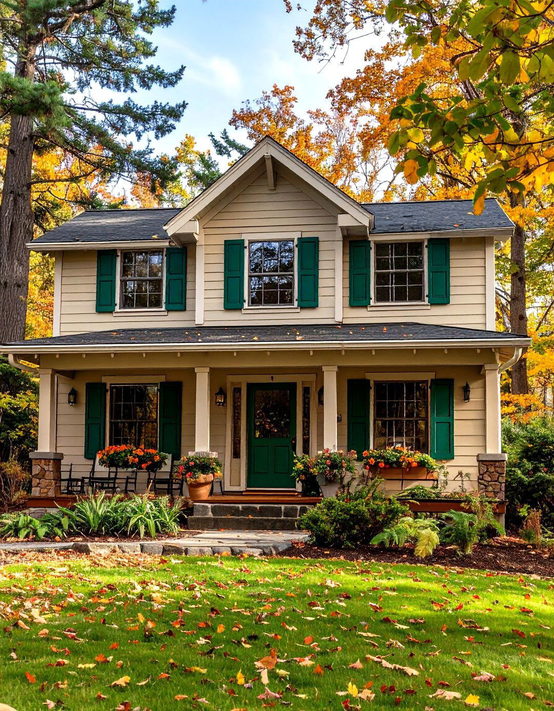 Taupe Exterior with Forest Green Elements - 24 Exterior Taupe House Color Combinations
