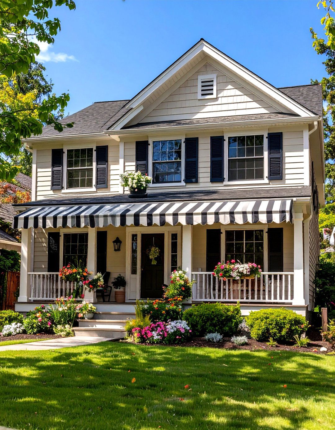 Taupe Siding with Black and White Striped Awnings - 24 Exterior Taupe House Color Combinations