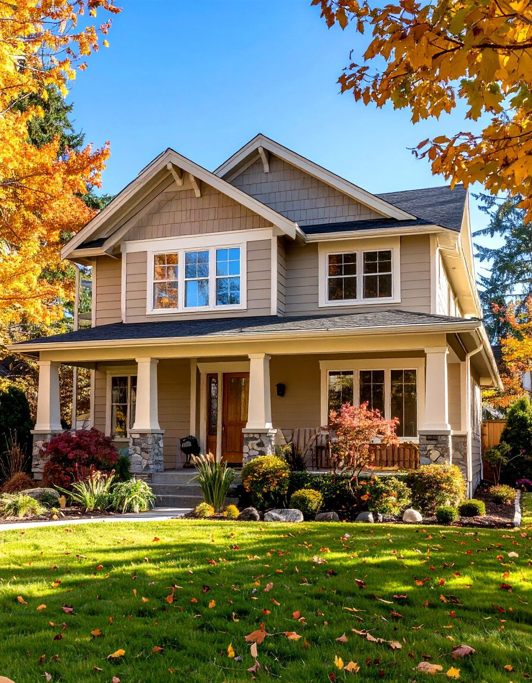 Taupe Siding with Cream Trim Details - 24 Exterior Taupe House Color Combinations